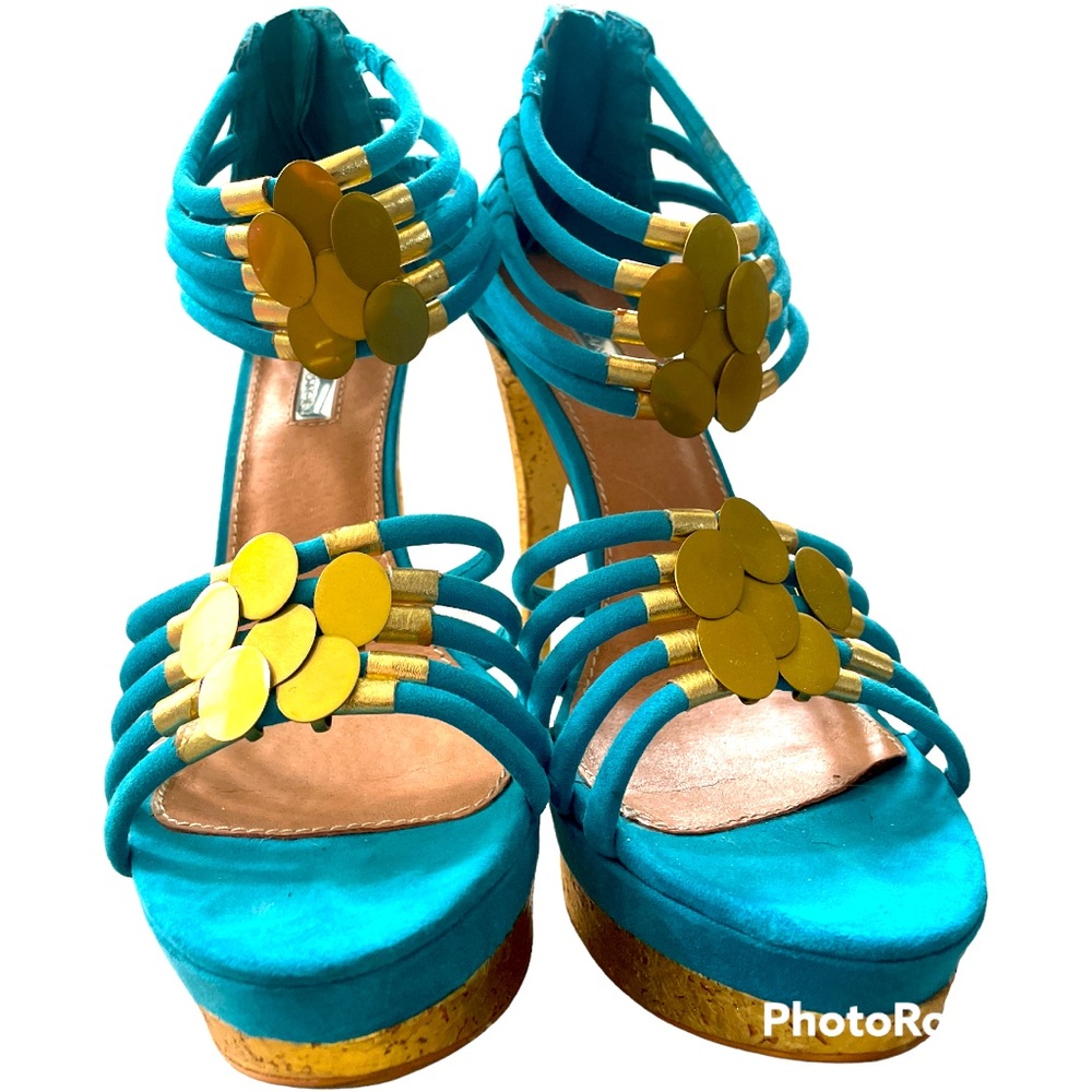 Teal and gold high heels size 8.